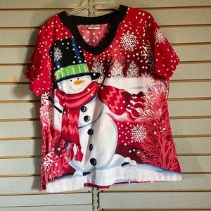 UA‎ Scrubs L Christmas Snowman Holiday Print Top Women's Red Scrub Uniform Nurse